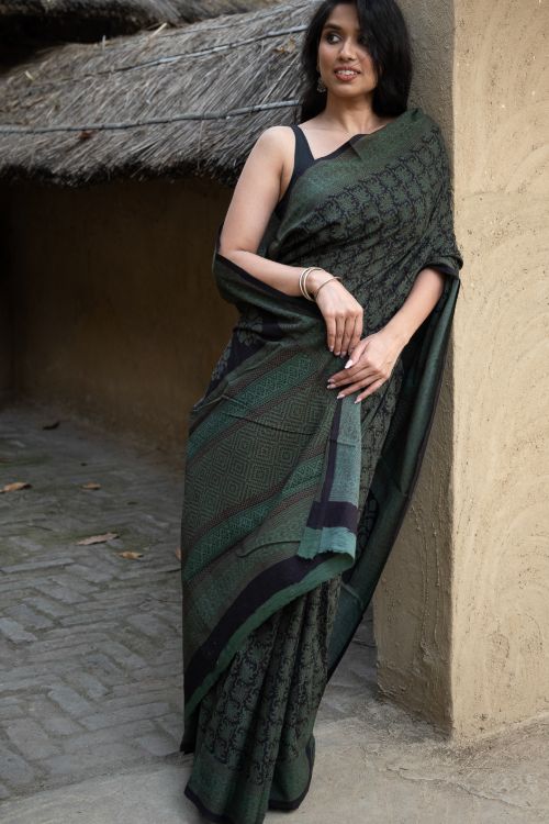 TICH Exclusive Bagh Hand Block Printed Cotton Saree - Ornate Floral - Image 6