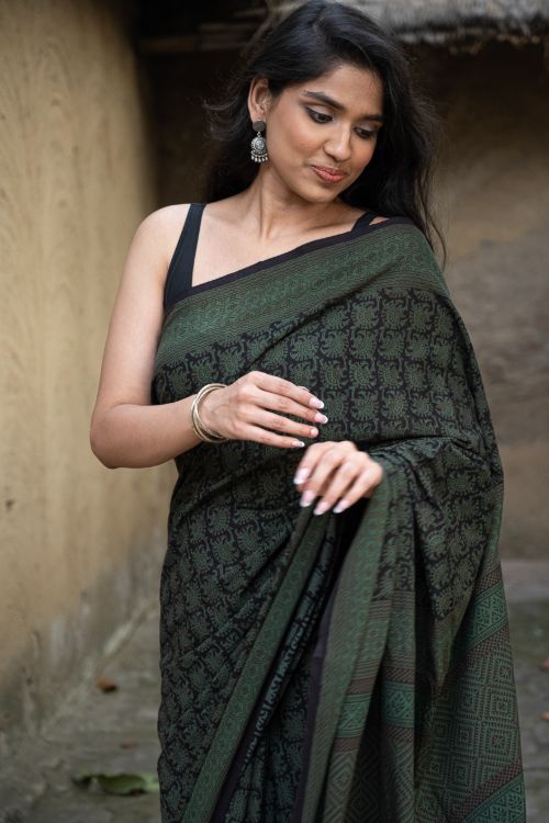 TICH Exclusive Bagh Hand Block Printed Cotton Saree - Ornate Floral - Image 8