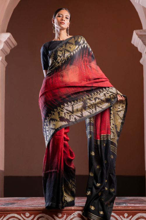 TICH Exclusive Handwoven Bengal Linen Jamdani Saree - Aarunya Raga - Image 10