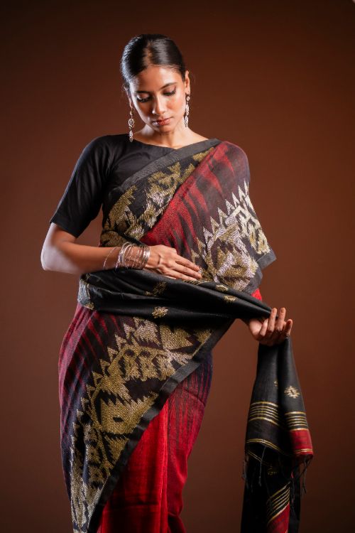 TICH Exclusive Handwoven Bengal Linen Jamdani Saree - Aarunya Raga - Image 11