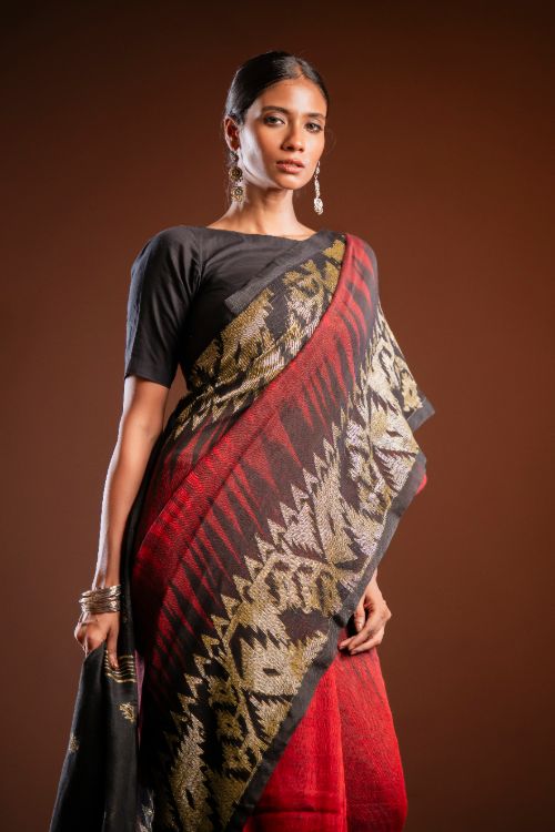 TICH Exclusive Handwoven Bengal Linen Jamdani Saree - Aarunya Raga - Image 2