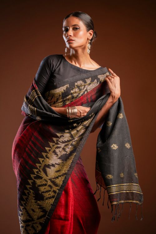 TICH Exclusive Handwoven Bengal Linen Jamdani Saree - Aarunya Raga - Image 3