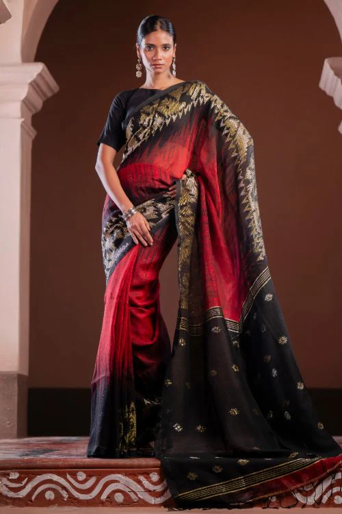 TICH Exclusive Handwoven Bengal Linen Jamdani Saree - Aarunya Raga - Image 4