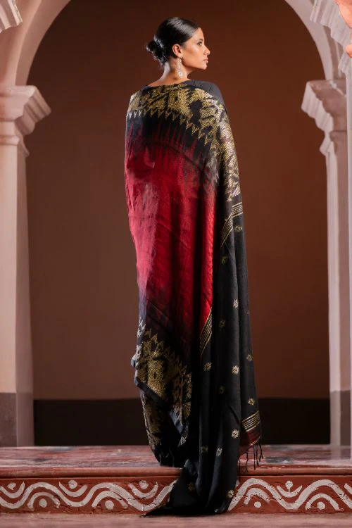 TICH Exclusive Handwoven Bengal Linen Jamdani Saree - Aarunya Raga - Image 5