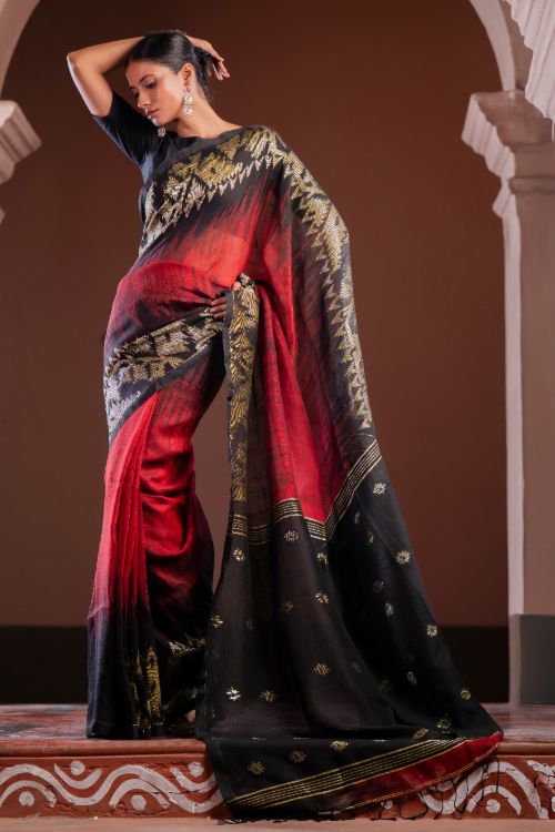 TICH Exclusive Handwoven Bengal Linen Jamdani Saree - Aarunya Raga - Image 6