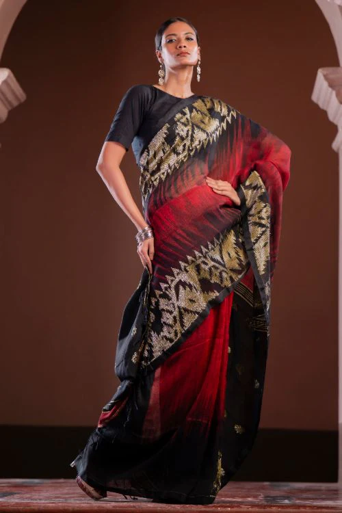 TICH Exclusive Handwoven Bengal Linen Jamdani Saree - Aarunya Raga - Image 7