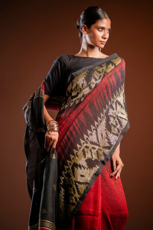 TICH Exclusive Handwoven Bengal Linen Jamdani Saree - Aarunya Raga - Image 8