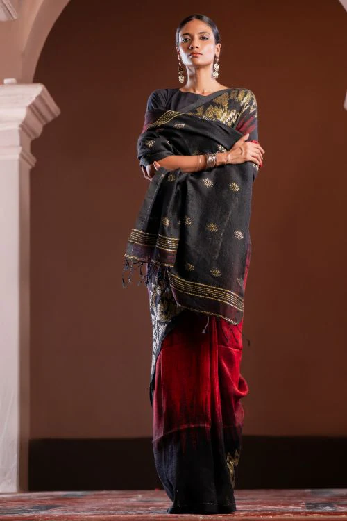 TICH Exclusive Handwoven Bengal Linen Jamdani Saree - Aarunya Raga - Image 9