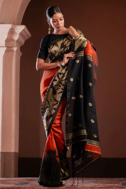 TICH Exclusive Handwoven Bengal Linen Jamdani Saree - Gulab Veena - Image 2