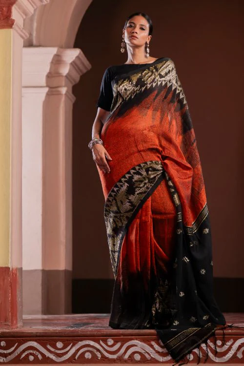 TICH Exclusive Handwoven Bengal Linen Jamdani Saree - Gulab Veena - Image 3