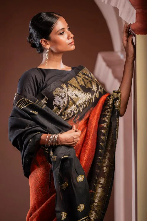 TICH Exclusive Handwoven Bengal Linen Jamdani Saree - Gulab Veena - Image 8