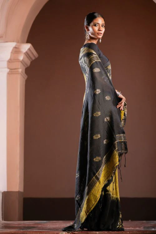 TICH Exclusive Handwoven Bengal Linen Jamdani Saree - Kanaka Dhara - Image 8