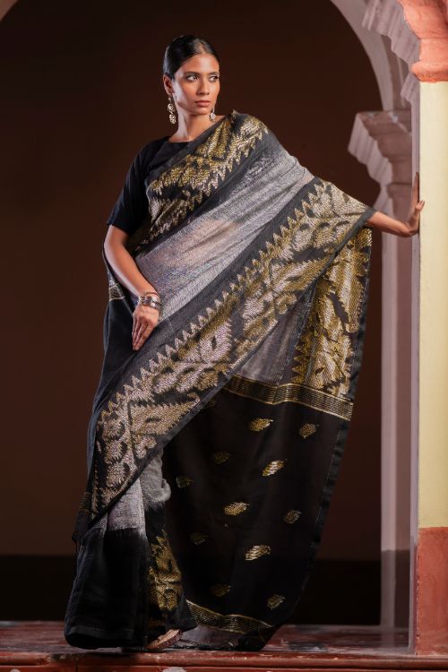 TICH Exclusive Handwoven Bengal Linen Jamdani Saree - Meghrekha - Image 10