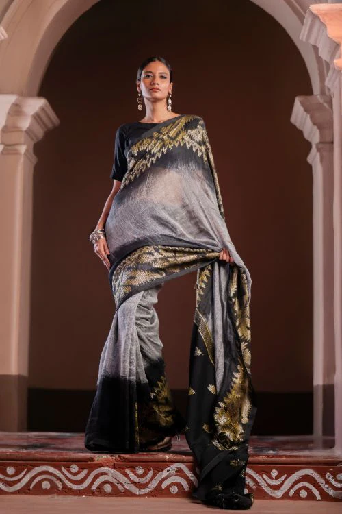 TICH Exclusive Handwoven Bengal Linen Jamdani Saree - Meghrekha - Image 12