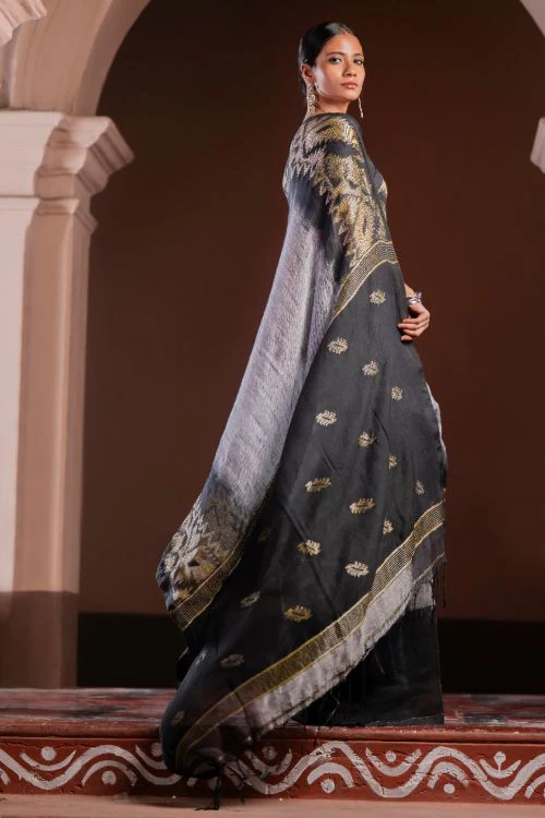 TICH Exclusive Handwoven Bengal Linen Jamdani Saree - Meghrekha - Image 13