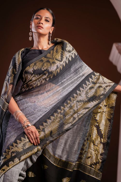 TICH Exclusive Handwoven Bengal Linen Jamdani Saree - Meghrekha - Image 2