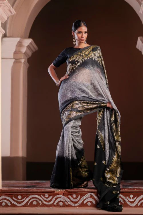 TICH Exclusive Handwoven Bengal Linen Jamdani Saree - Meghrekha - Image 3