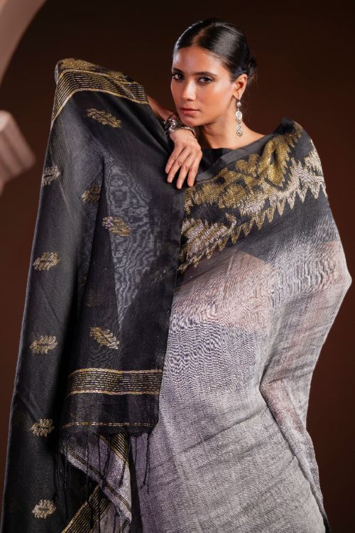 TICH Exclusive Handwoven Bengal Linen Jamdani Saree - Meghrekha - Image 4
