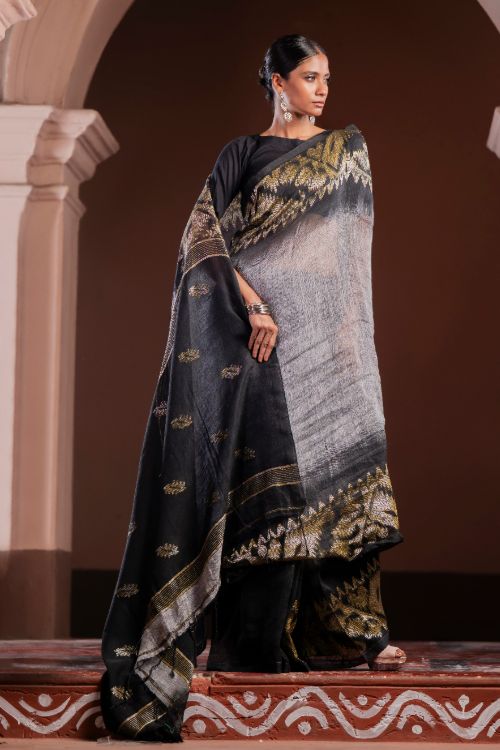 TICH Exclusive Handwoven Bengal Linen Jamdani Saree - Meghrekha - Image 6