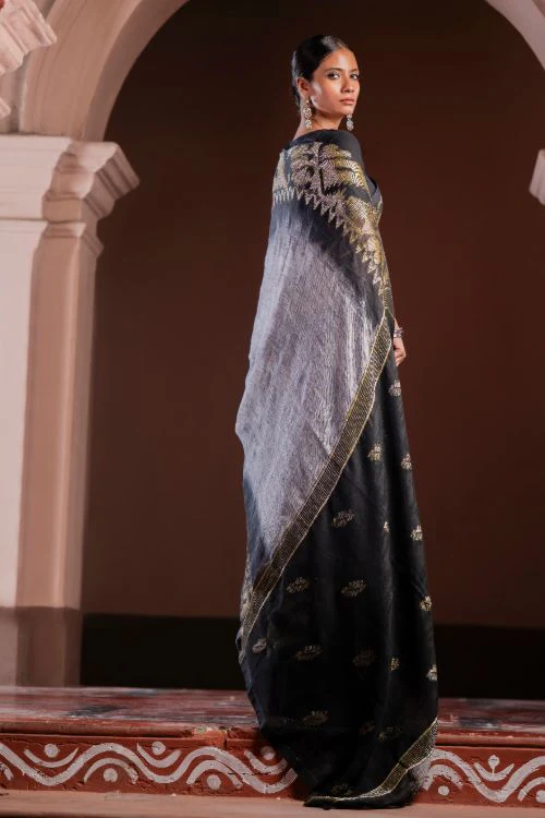 TICH Exclusive Handwoven Bengal Linen Jamdani Saree - Meghrekha - Image 7