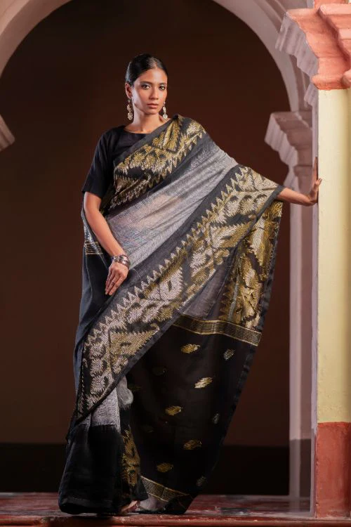 TICH Exclusive Handwoven Bengal Linen Jamdani Saree - Meghrekha - Image 9