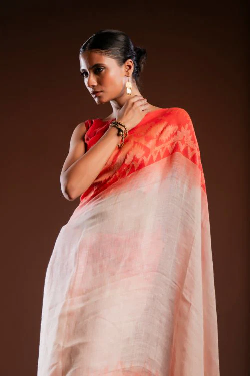 TICH Exclusive Handwoven Bengal Linen Jamdani Saree - Vaarija - Image 10