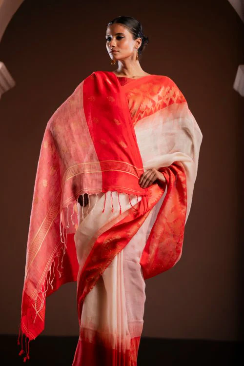 TICH Exclusive Handwoven Bengal Linen Jamdani Saree - Vaarija - Image 11