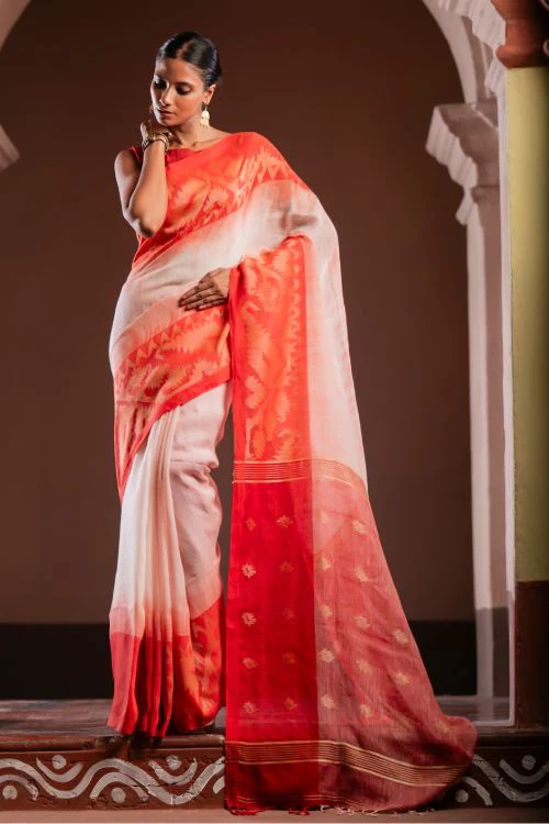 TICH Exclusive Handwoven Bengal Linen Jamdani Saree - Vaarija - Image 5