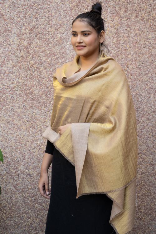 TICH Exclusive Pure Pashmina Wool & Zari Reversible Kashmiri Stole - Beige & Dull Gold - Image 11
