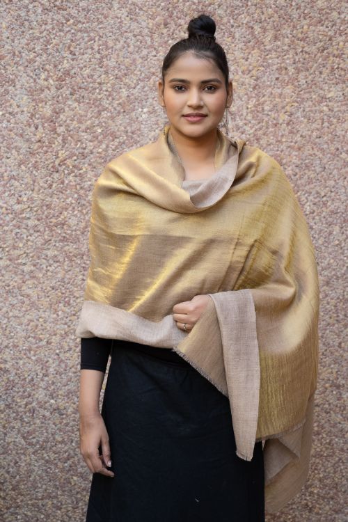 TICH Exclusive Pure Pashmina Wool & Zari Reversible Kashmiri Stole - Beige & Dull Gold - Image 2