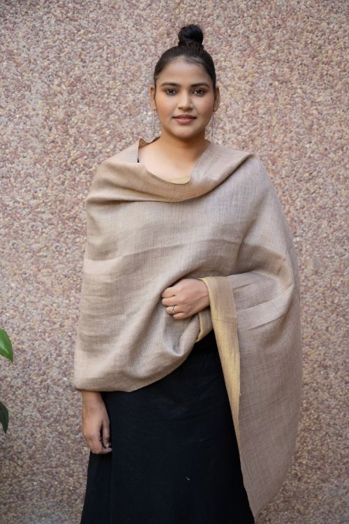 TICH Exclusive Pure Pashmina Wool & Zari Reversible Kashmiri Stole - Beige & Dull Gold - Image 3