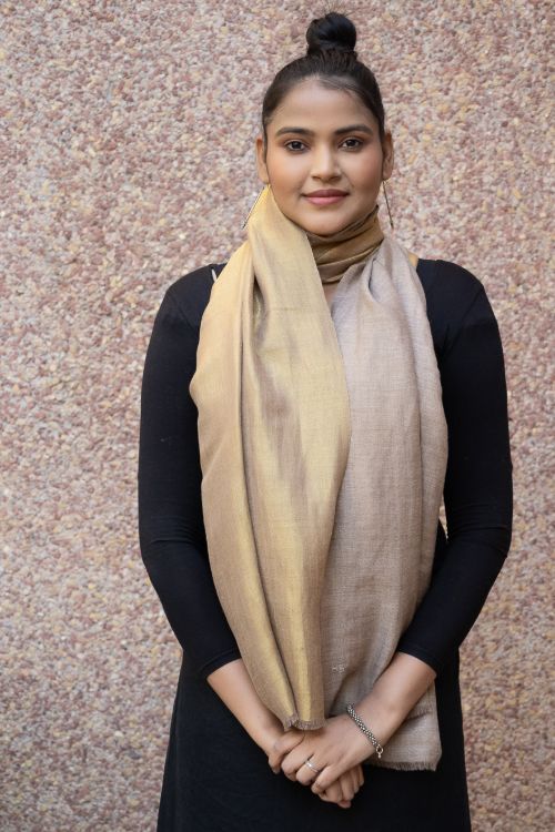 TICH Exclusive Pure Pashmina Wool & Zari Reversible Kashmiri Stole - Beige & Dull Gold - Image 7