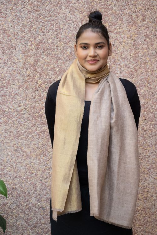 TICH Exclusive Pure Pashmina Wool & Zari Reversible Kashmiri Stole - Beige & Dull Gold - Image 8