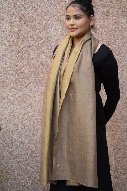 TICH Exclusive Pure Pashmina Wool & Zari Reversible Kashmiri Stole - Pale Brown & Gold - Image 2