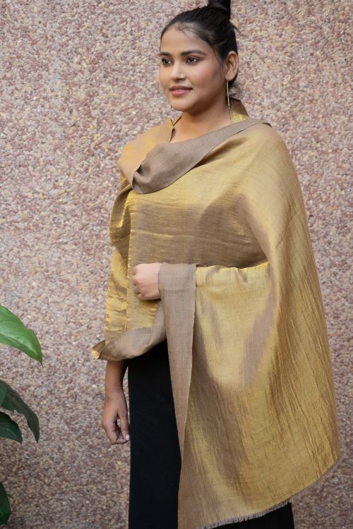 TICH Exclusive Pure Pashmina Wool & Zari Reversible Kashmiri Stole - Pale Brown & Gold - Image 6