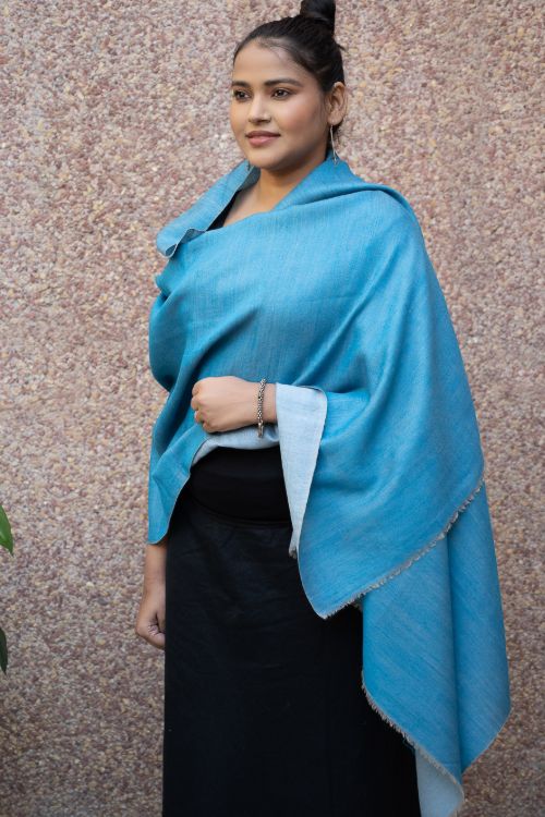 TICH Exclusive Reversible Soft Kashmiri Wool Stole - Light & Dark Blue - Image 3