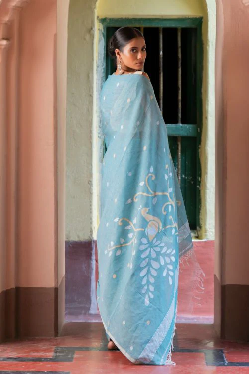 TICH Exclusive Soft Handwoven Bengal Cotton Jamdani Saree - Blue Raga