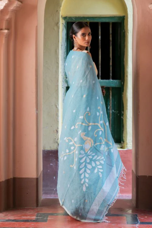 TICH Exclusive Soft Handwoven Bengal Cotton Jamdani Saree - Blue Raga - Image 3