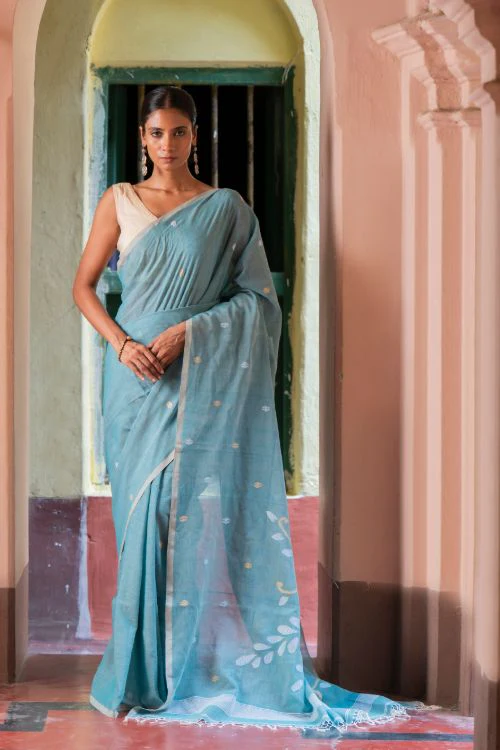 TICH Exclusive Soft Handwoven Bengal Cotton Jamdani Saree - Blue Raga - Image 4