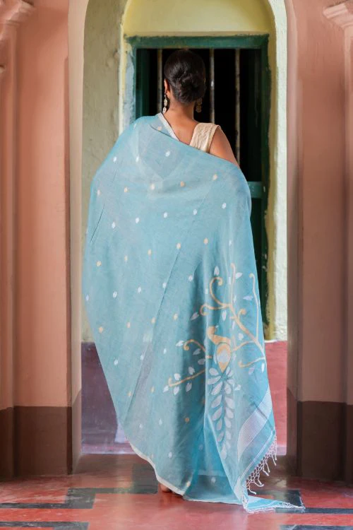 TICH Exclusive Soft Handwoven Bengal Cotton Jamdani Saree - Blue Raga - Image 6