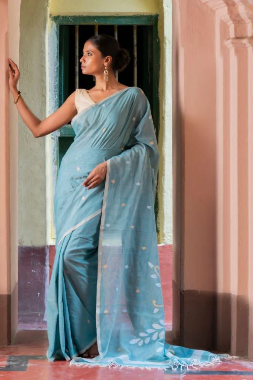 TICH Exclusive Soft Handwoven Bengal Cotton Jamdani Saree - Blue Raga - Image 7