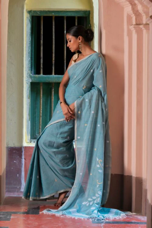 TICH Exclusive Soft Handwoven Bengal Cotton Jamdani Saree - Blue Raga - Image 8