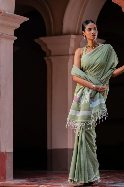 TICH Exclusive Soft Handwoven Bengal Cotton Jamdani Saree - Celadon Veil