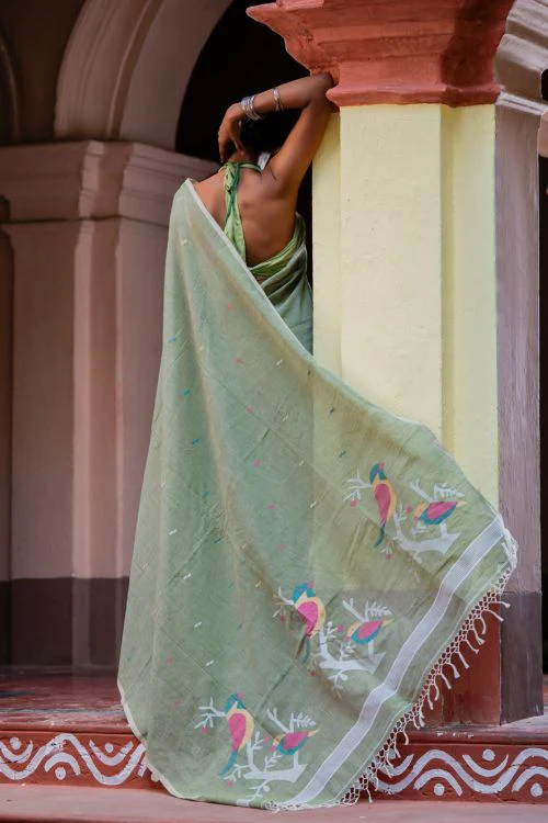TICH Exclusive Soft Handwoven Bengal Cotton Jamdani Saree - Celadon Veil - Image 2