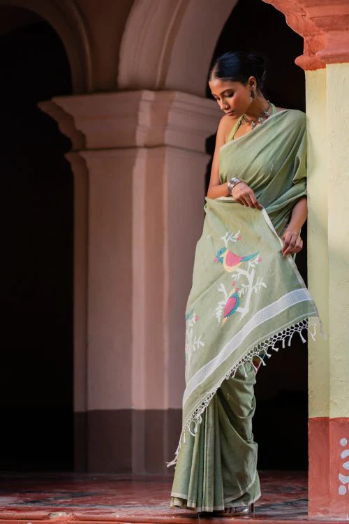 TICH Exclusive Soft Handwoven Bengal Cotton Jamdani Saree - Celadon Veil - Image 5