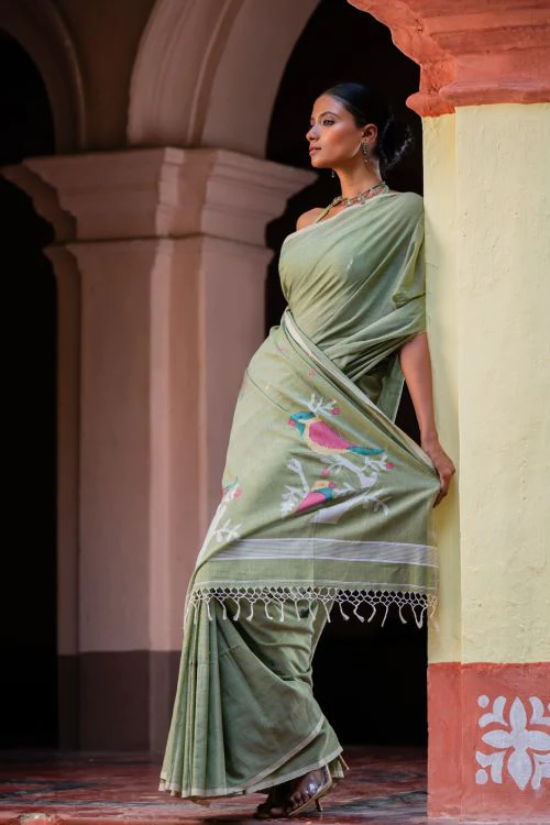 TICH Exclusive Soft Handwoven Bengal Cotton Jamdani Saree - Celadon Veil - Image 6