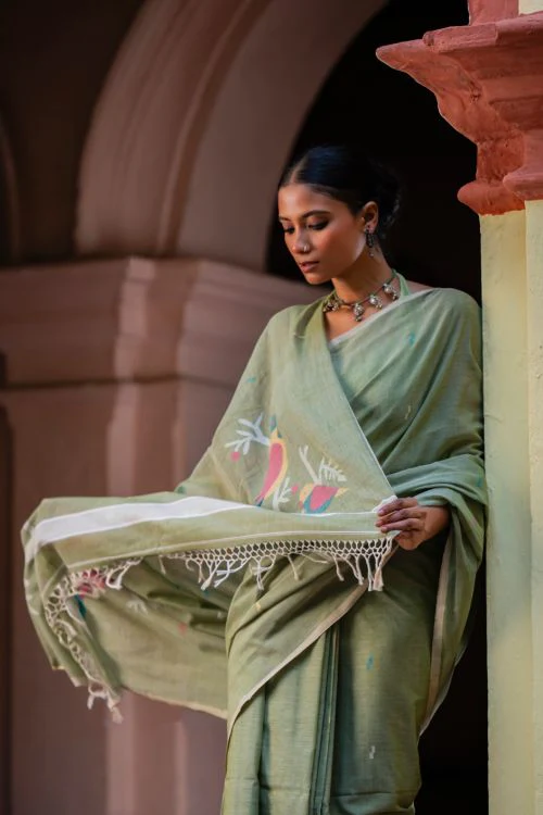TICH Exclusive Soft Handwoven Bengal Cotton Jamdani Saree - Celadon Veil - Image 7