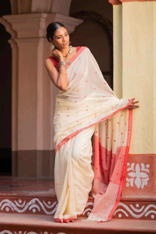 TICH Exclusive Soft Handwoven Bengal Cotton Jamdani Saree - Classic Dots - Image 2