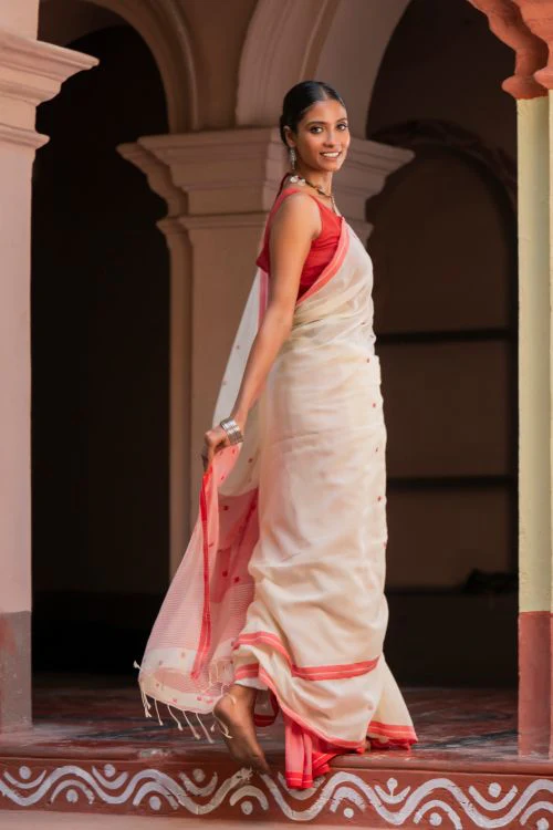 TICH Exclusive Soft Handwoven Bengal Cotton Jamdani Saree - Classic Dots - Image 6