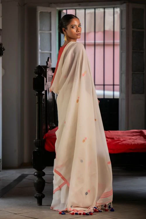 TICH Exclusive Soft Handwoven Bengal Cotton Jamdani Saree - Cream Elegance - Image 8